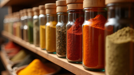 Row of spice jars and bowls on wooden shelf, ready for cooking