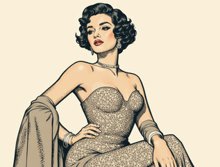 Vintage Hollywood glamour shot featuring a female model in a sequined gown, posed dramatically with old-school lighting