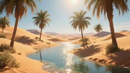 Oasis in the Desert: Palm Trees and Clear Water Amid Sand Dunes