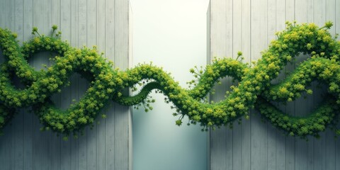 Green foliage forming a wavy abstract shape on a natural wooden plank wall with a clear sky for eco friendly design.