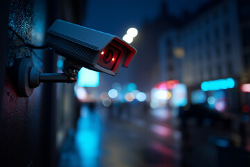 Security camera with red indicator light mounted on a wet wall at night with blurred city lights in background
