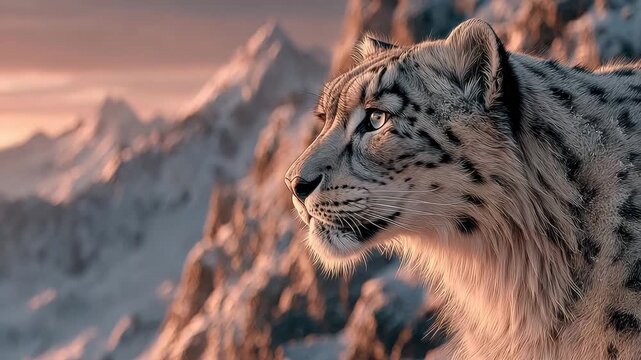 Majestic Snow Leopard at Sunset in Snowy Mountains
