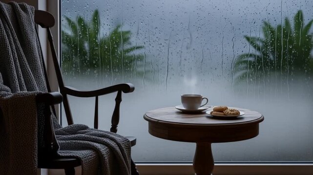 Cozy Indoor Ambiance During a Rainy Day, Featuring a Hot Drink, Cookies and Comfortable Sitting