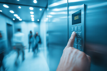 Finger pressing button on elevator control panel with blurred people in background hand