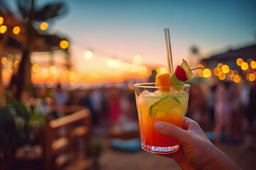 Savoring vibrant tropical cocktail at sunset beach party with bokeh lights