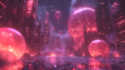 Glowing orbs float in a futuristic cityscape