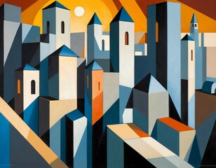 Abstract Geometric Cityscape with Towers in Bold Colors and Minimalist Style