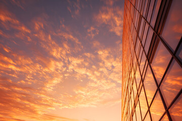 Modern skyscraper reflects dramatic sunset clouds, symbolizing ambition and progress.