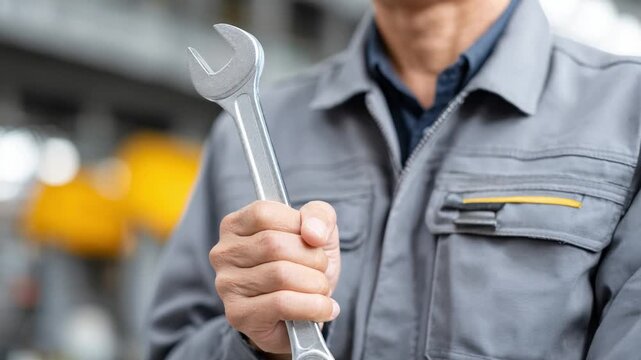 Mechanic with a Wrench: A skilled mechanic, stands prominently, a large, metallic wrench. Close-up reveals details of their workwear and the industrial environment, evoking a sense of expertise.