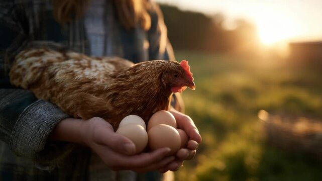 Female farmer gently holds hen and eggs in hands, surrounded by a sunlit field, illustrating the harmony of nature and agriculture in a peaceful setting