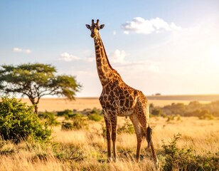 Giraffe stands tall in golden savanna