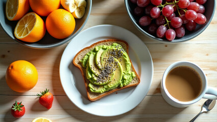 Flat Lay of Healthy Breakfast with Avocado Toast, Fresh Fruits, and Coffee

