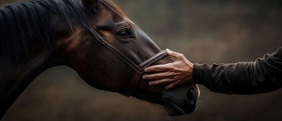 A close-up image capturing the gentle interaction between a human hand and a horse's muzzle, showcasing the bond between humans and animals in a serene natural setting.