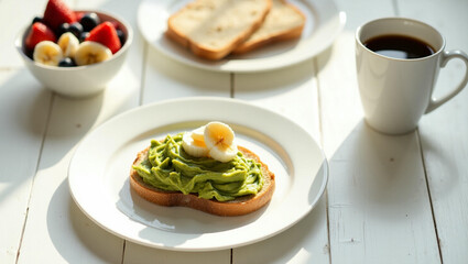 Flat Lay of Healthy Breakfast with Avocado Toast, Fresh Fruits, and Coffee

