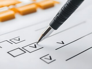 Fototapeta premium A close-up image of a pen poised above a checklist with checkboxes, symbolizing careful planning and organization in a business or personal setting.