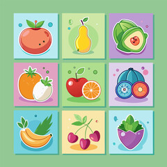 Fruits set on white. fruits including apple, lemon, raspberry, grape, orange, plum, coconut, pineapple, white currant, strawberry, banana, pomegranat, blackberry, melon, fig, lime, pear, cherry, kiwi.