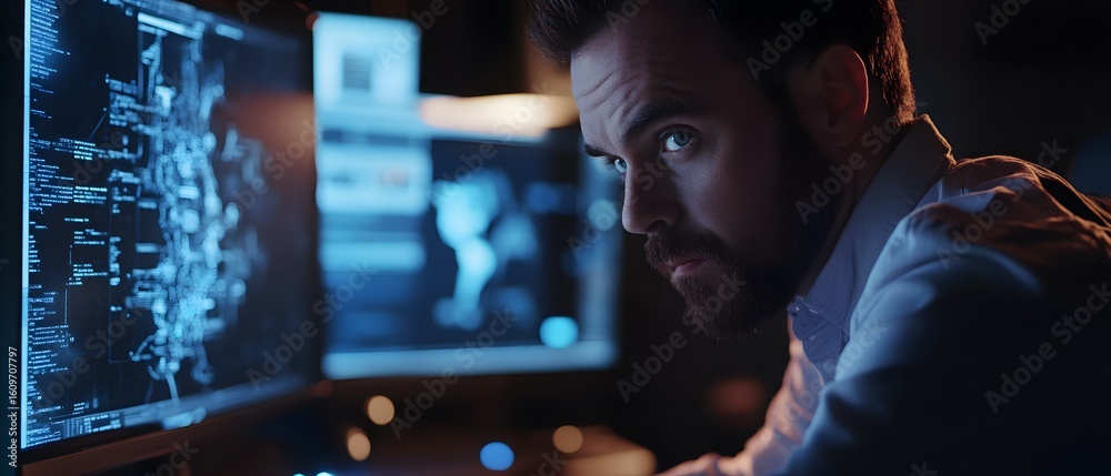 Poster A focused individual engages with multiple computer screens, analyzing data and programming in a modern office environment