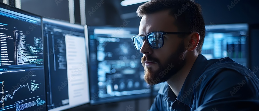 Poster a focused man with a beard and glasses examines complex data on multiple screens in a modern tech en
