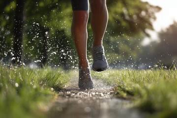 Person running through water splashes on a grassy path in sunlight legs feet