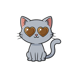 Obraz premium Cartoon illustration of a gray cat with heart-shaped eyes, sitting and looking forward.