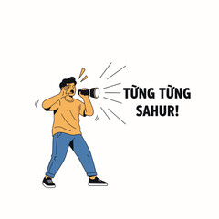 Man shouting "Tung Tung Sahur!" through a megaphone, illustration.