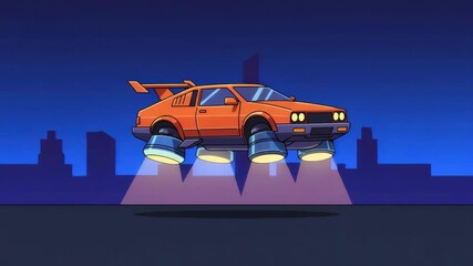 A bright orange hovercar speeds through a dark city skyline, showcasing advanced technology