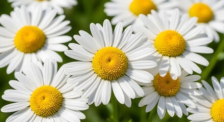 Fototapeta premium Photo of a cluster of white daisies with yellow centers are blooming in sunlight