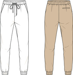Men’s jogger pants front and back view, casual fashion vector flat sketch, drawstring waist, cuffed hem, detailed garment illustration
