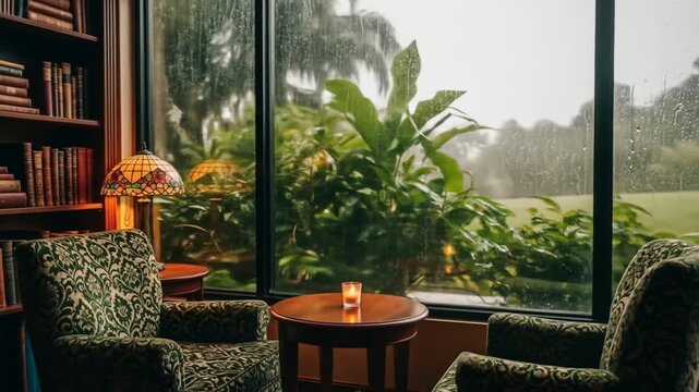 Cozy indoor library with botanical garden view during a gentle rain shower experience calm and