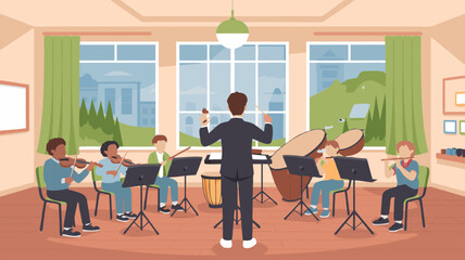 Vector SVG Illustration of Orchestra Scene in Modern Flat Style with Musical Instruments and Conductor for Web and Digital Media