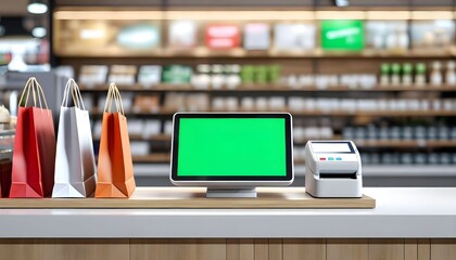 Point of sale system with green screen, shopping bags on a counter in a store.