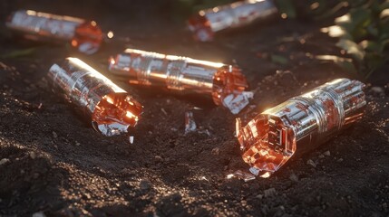 Metallic Objects Buried in Soil with Natural Light Reflection