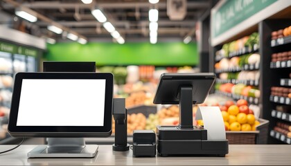 Modern supermarket checkout with blank POS screens, showcasing fresh produce in the background.