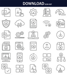 Minimal download icon set with cloud, file, gear, and progress symbols. Perfect for  web, apps, and software interfaces. Clean line style. Vector-friendly design.