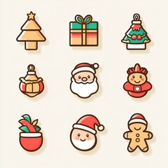Fototapeta premium Cute Christmas Icons Set in Colorful Designs for Festive Use