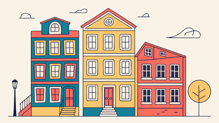 Illustration of colorful townhouses with windows doors and roofs in a row architecture design vector art