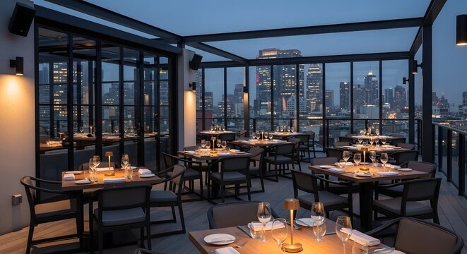 Elegant rooftop restaurant with set tables overlooking a modern city skyline at twilight. Sophisticated dining experience with a view.