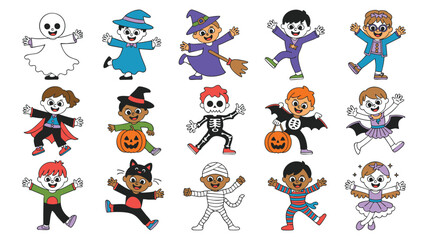 Halloween Diverse Kids in Costumes Spooky Fun Festive Characters October Celebration Digital Illustration Cartoon Children Holiday Graphics