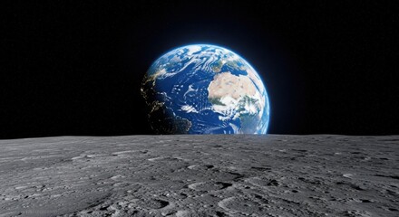 Earthrise from the Moon Surface with Stars in the Background