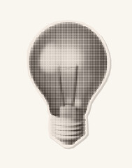 Retro halftone illustration of a classic light bulb. Vintage magazine cutout style. Photocopy texture. Perfect for ideas, creativity, innovation, mixed media collages.