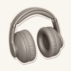 Retro halftone illustration of a over-ear headphones. Vintage magazine cutout style. Photocopy texture. Perfect for music, podcast, or audio designs. 