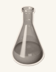 Retro halftone illustration of a chemistry flask. Vintage magazine cutout style. Photocopy texture. Perfect for science designs, educational materials, lab posters, and school or university projects.