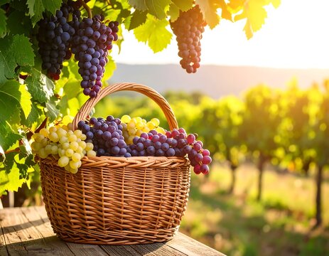 Wicker basket overflowing with ripe red and white grapes beneath a sunlit vineyard