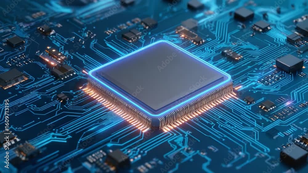 Poster high-tech circuit board: an intricate, hyperrealistic circuit board with a glowing central processor