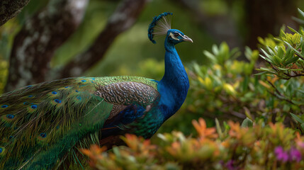 Majestic Peacock Portrait With Vibrant Plumage In Lush Green Foliage Setting