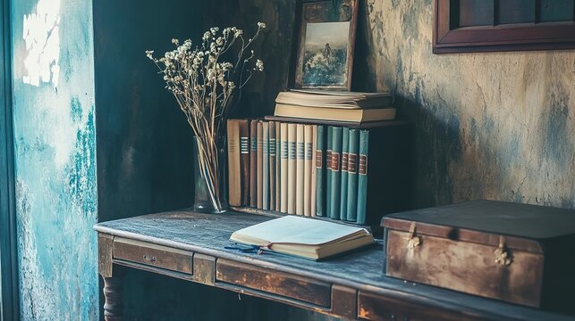 Vintage study nook with books and dried flowers - Powered by Adobe
