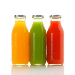 A vibrant trio of natural organic juices. Orange, green, and red smoothies in glass bottles isolated on a white background.