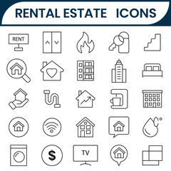 Real estate line icons vector collection. Rental Estate line editable icons symbol set. Home, Building, Agent,  Home, Rent, Buying  and selling  property types, characteristics, documents, and more.