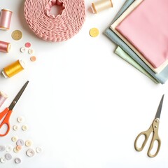 Frame of sewing supplies and tailoring accessories on a white background. Flat lay with colorful threads, fabrics, and scissors.