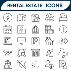 Real estate line icons vector collection. Rental Estate line editable icons symbol set.  Home, Building, Agent,  Home, Rent, Buying  and selling  property types, characteristics, documents, and more.